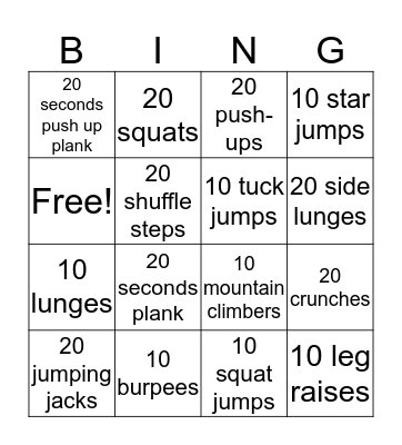 Fitness Bingo  Bingo Card