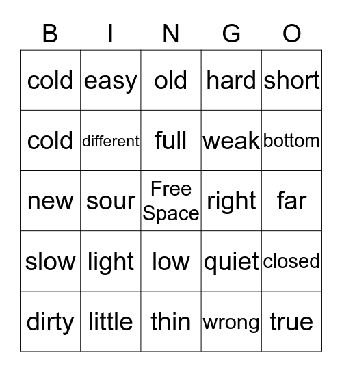 Opposite Bingo Card