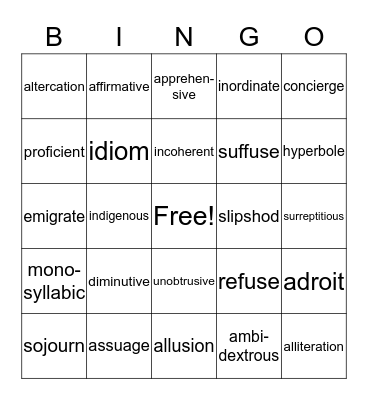 Vocabulary Bingo Card