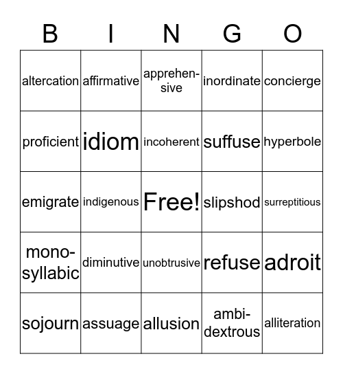 Vocabulary Bingo Card