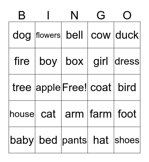 Bingo Nouns! Bingo Card