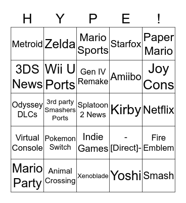 Nintedo Direct Bingo Card