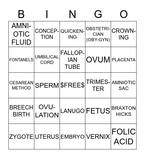 PREGNANCY BINGO Card