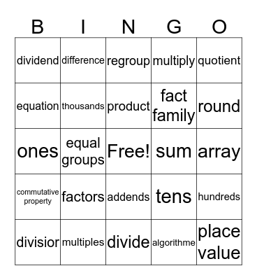 Multiplication and Division Bingo Card