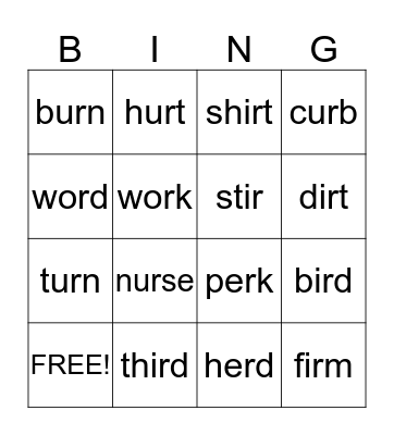 or, er, ir, ur Bingo Card