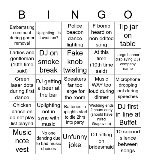 Bad/Cheesy Wedding DJ Bingo Card