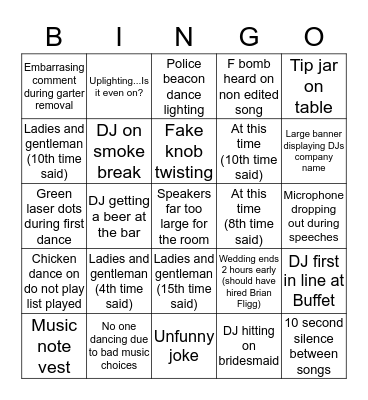 Bad/Cheesy Wedding DJ Bingo Card
