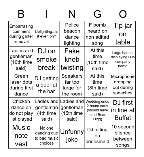 Bad/Cheesy Wedding DJ Bingo Card
