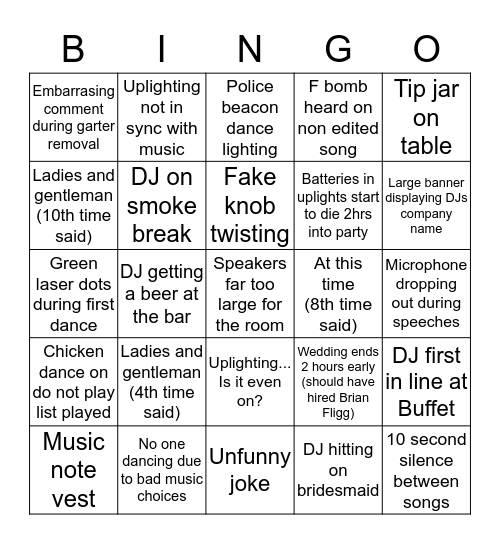 Bad/Cheesy Wedding DJ Bingo Card