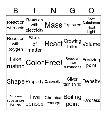 Physical Chemical Change Bingo Card