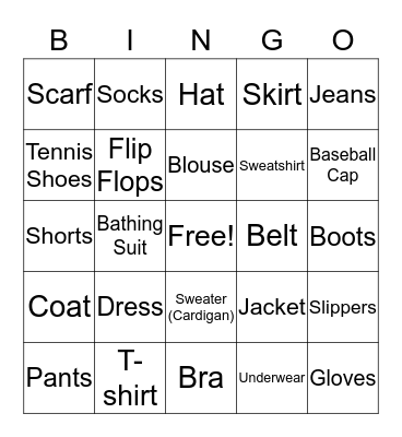 CLOTHING BINGO Card