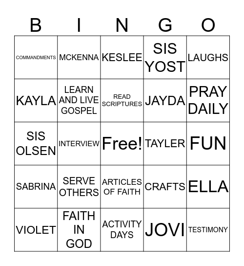 ACTIVITY DAYS BINGO Card