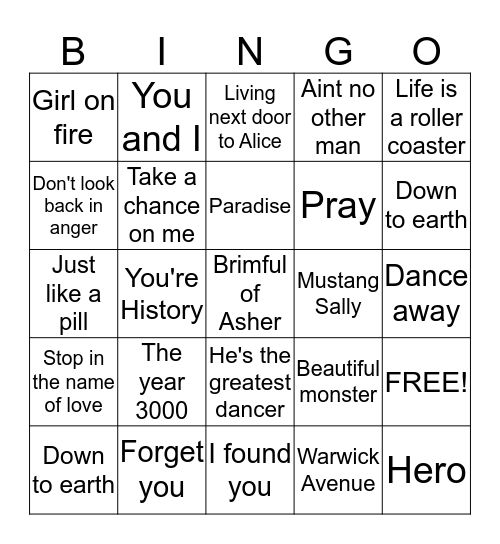 Rock n Roll Bingo Card