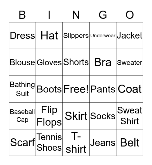 CLOTHING BINGO Card