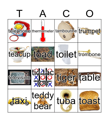 Letter T Bingo Card