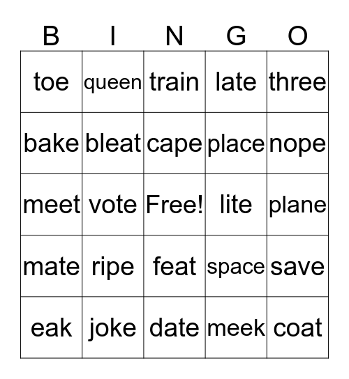 Long Vowel Bingo Card