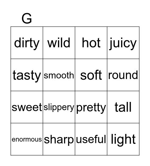 Adjectives Bingo Card