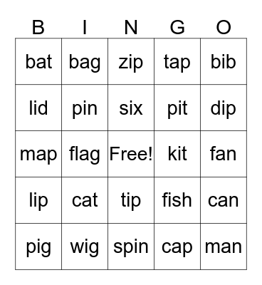 short vowels  a, i Bingo Card