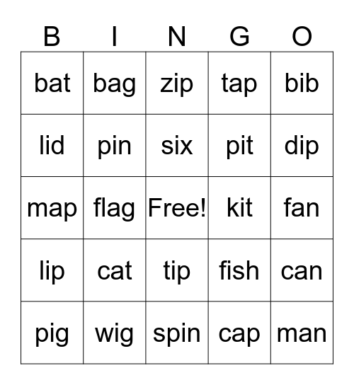short vowels  a, i Bingo Card