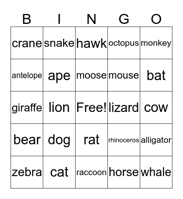 Animal Charade Bingo Card