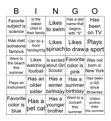 Getting to Know You Bingo Card