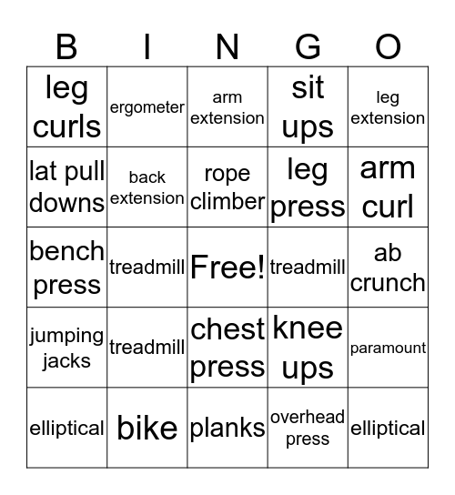 Fitness Bingo Card