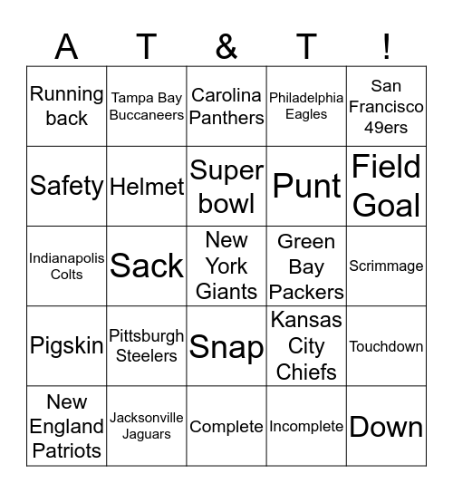 AT&T Super Bowl Bingo 2018 Bingo Card
