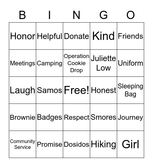 Girl Scouts  Bingo Card