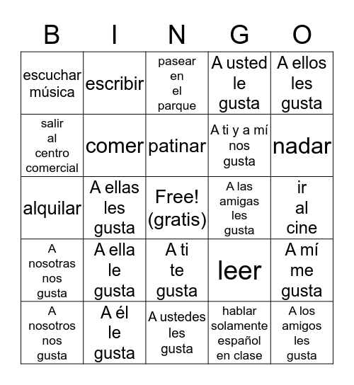 Ch 3 Prepositions IOP & Infinitives (ar, er, ir) Bingo Card