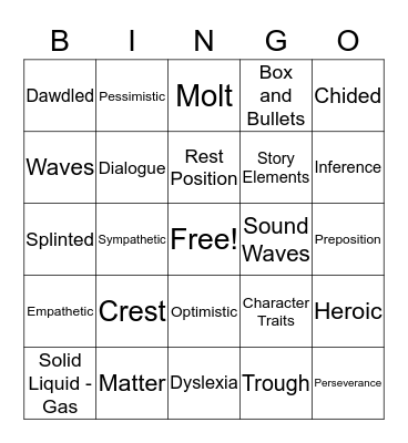 January 8 - 12 Bingo Card