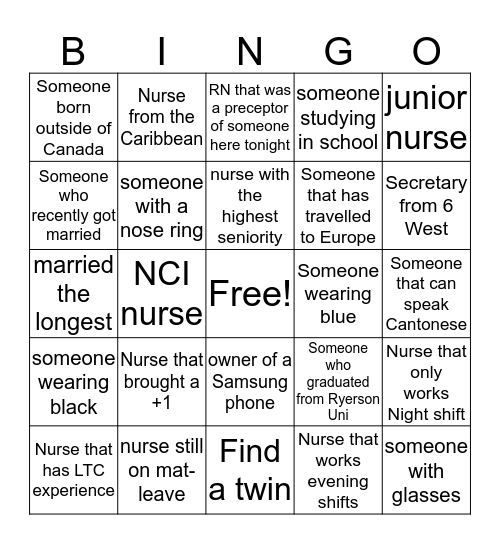 NURSE BINGO! Bingo Card