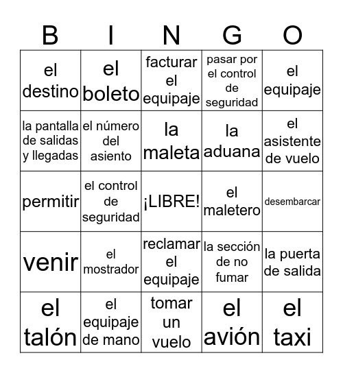 Español III - Capítulo 11 - Un Viaje en Avión Bingo Card