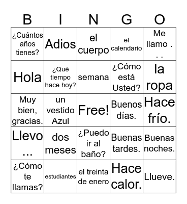 Spanglish Story Bingo Card