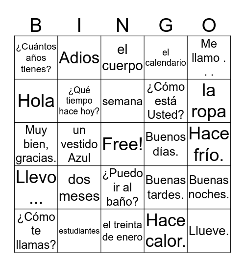 Spanglish Story Bingo Card