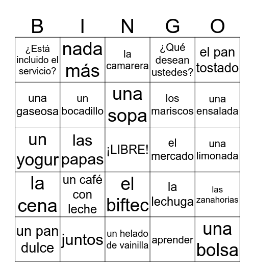 Español II - Capítulo 5 - En el Café Bingo Card