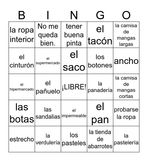 Español IV - Capítulo 4 - De Tiendas Bingo Card