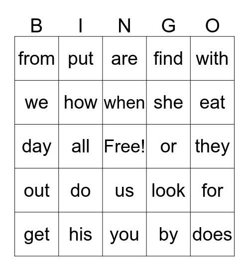 Grade 1 HFW (1 to 3) Bingo Card