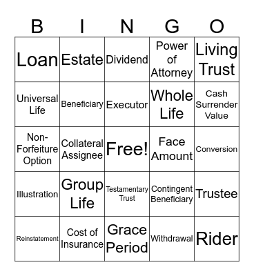 Life Insurance Bingo Card
