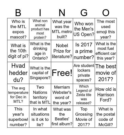 2017 Bingo Quiz Bingo Card