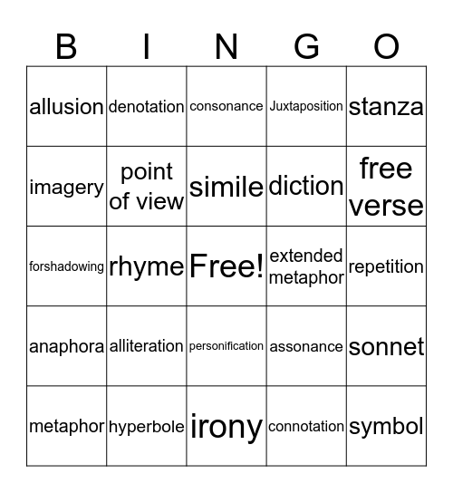 Poetic Terms Bingo Card