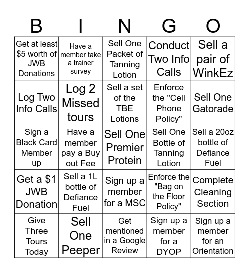 Planet Fit Bingo Card