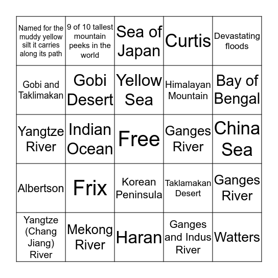 Southern & Eastern Asia Bingo Card