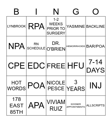 SURGERY TEAM Bingo Card