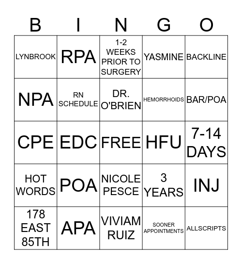 SURGERY TEAM Bingo Card