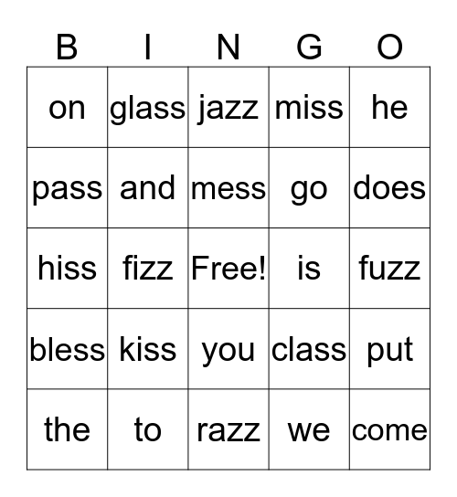 FLOSS Rule : -ss and -zz Bingo Card