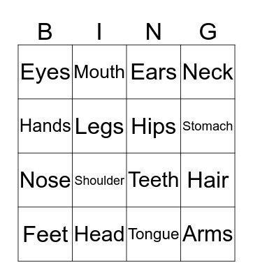 Body Part Bingo Card