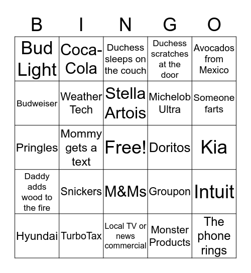 Super Bowl Commercial Bingo Card