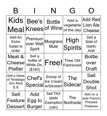 21 North Eatery & Cellar - SALES BINGO Card