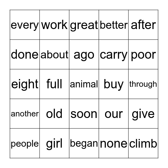 1st grade words Bingo Card