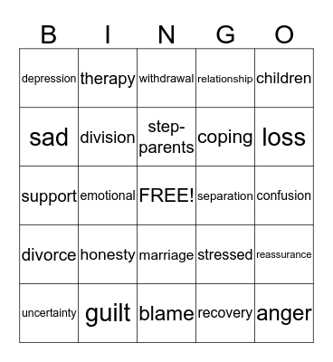 Separation and Divorce Bingo Card